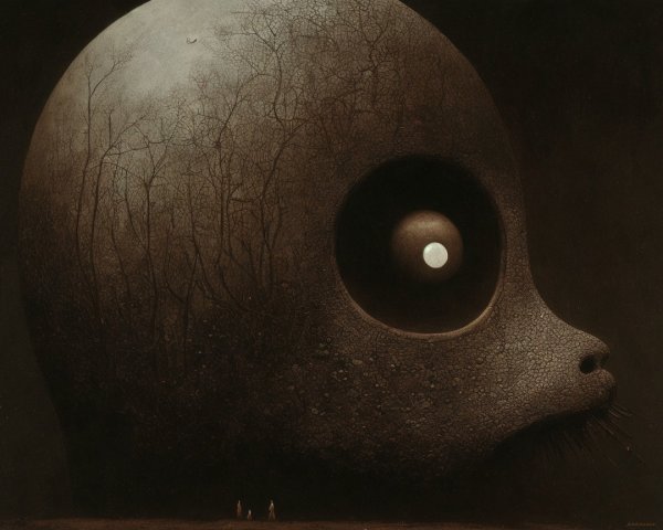 Colossal Head with Tree Patterns and Surreal Landscape