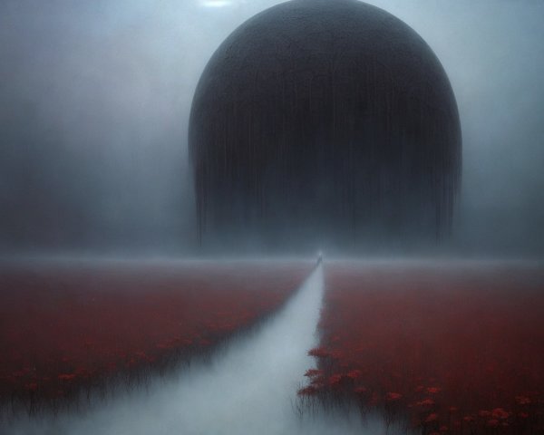 Misty Landscape with Winding Path and Shadowy Orb