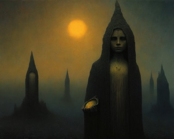 Misty Landscape with Dark Spires and Cloaked Figure