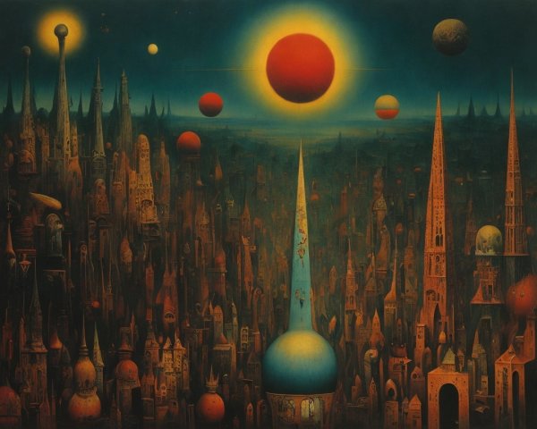 Surreal Painting of an Alien City Under Turquoise Sky