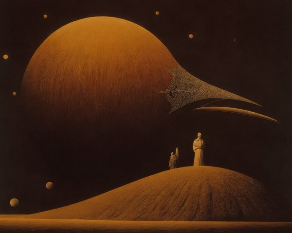 Ethereal Landscape with Figures and Cosmic Elements