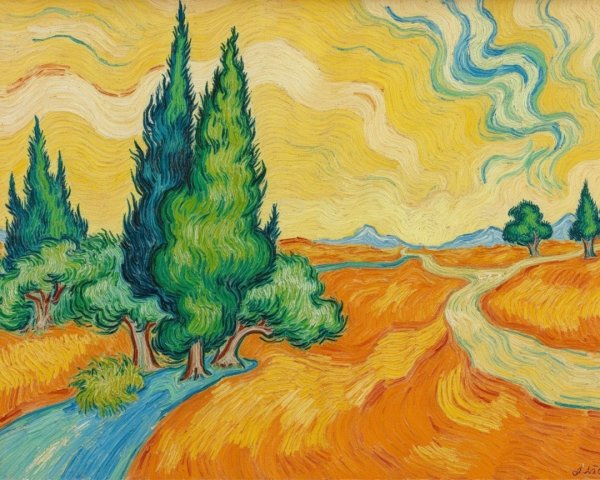 Vibrant Landscape with Swirling Yellow and Blue Skies