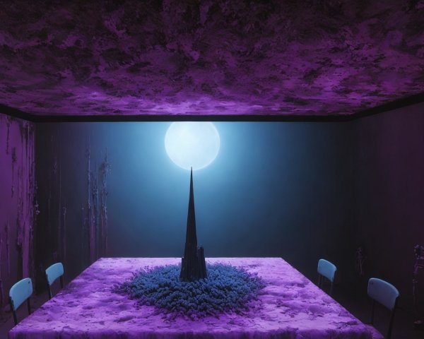 Surreal Interior with Purple Table and Moonlit Atmosphere