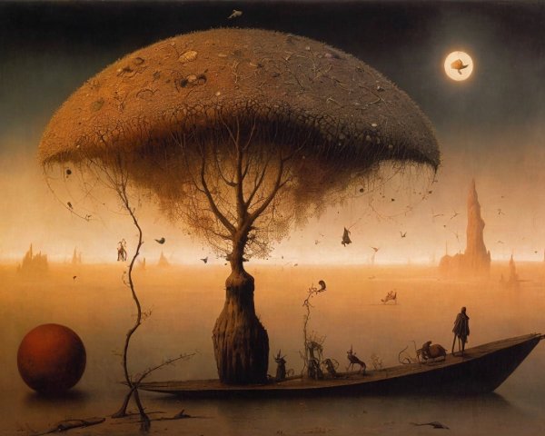 Surreal Landscape with Giant Mushroom Tree and Gondola