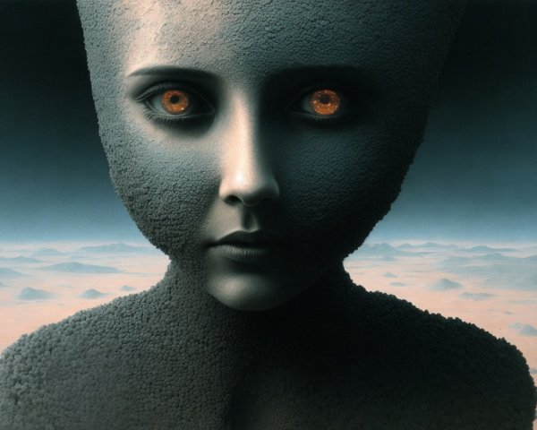 Surreal Humanoid Figure with Textured Skin and Eyes