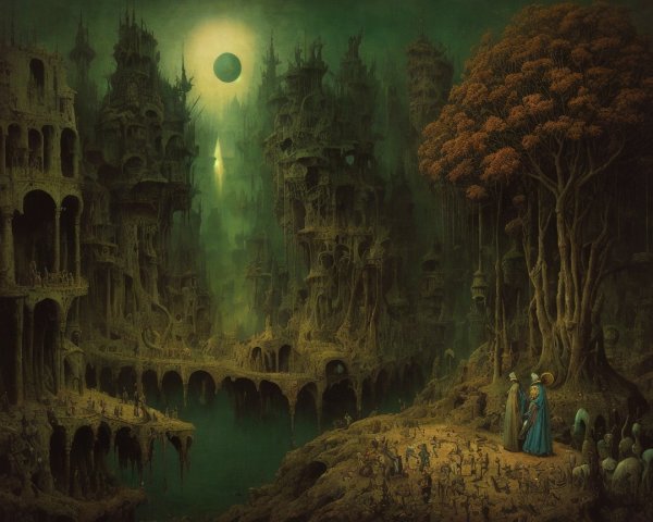 Surreal landscape with twisted structures and ancient tree