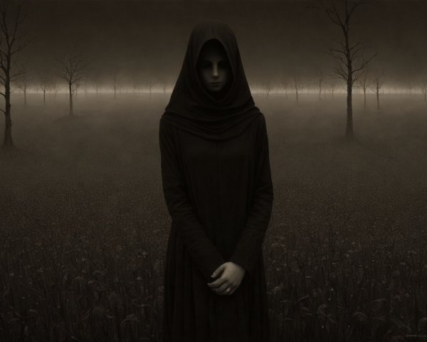 Mysterious Figure in Cloak in Foggy Landscape