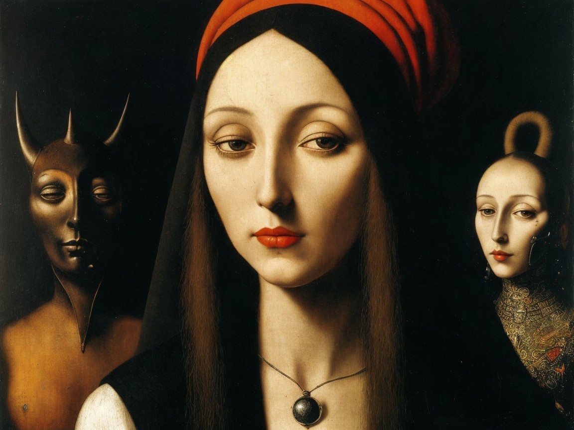 Somber Woman with Eerie Figures in Dark Composition
