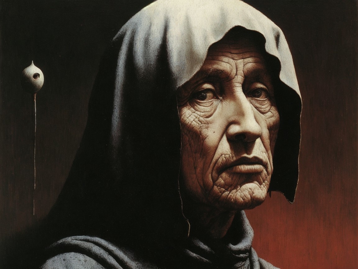 Elderly Woman in Cloak with Textured Skin and Orb