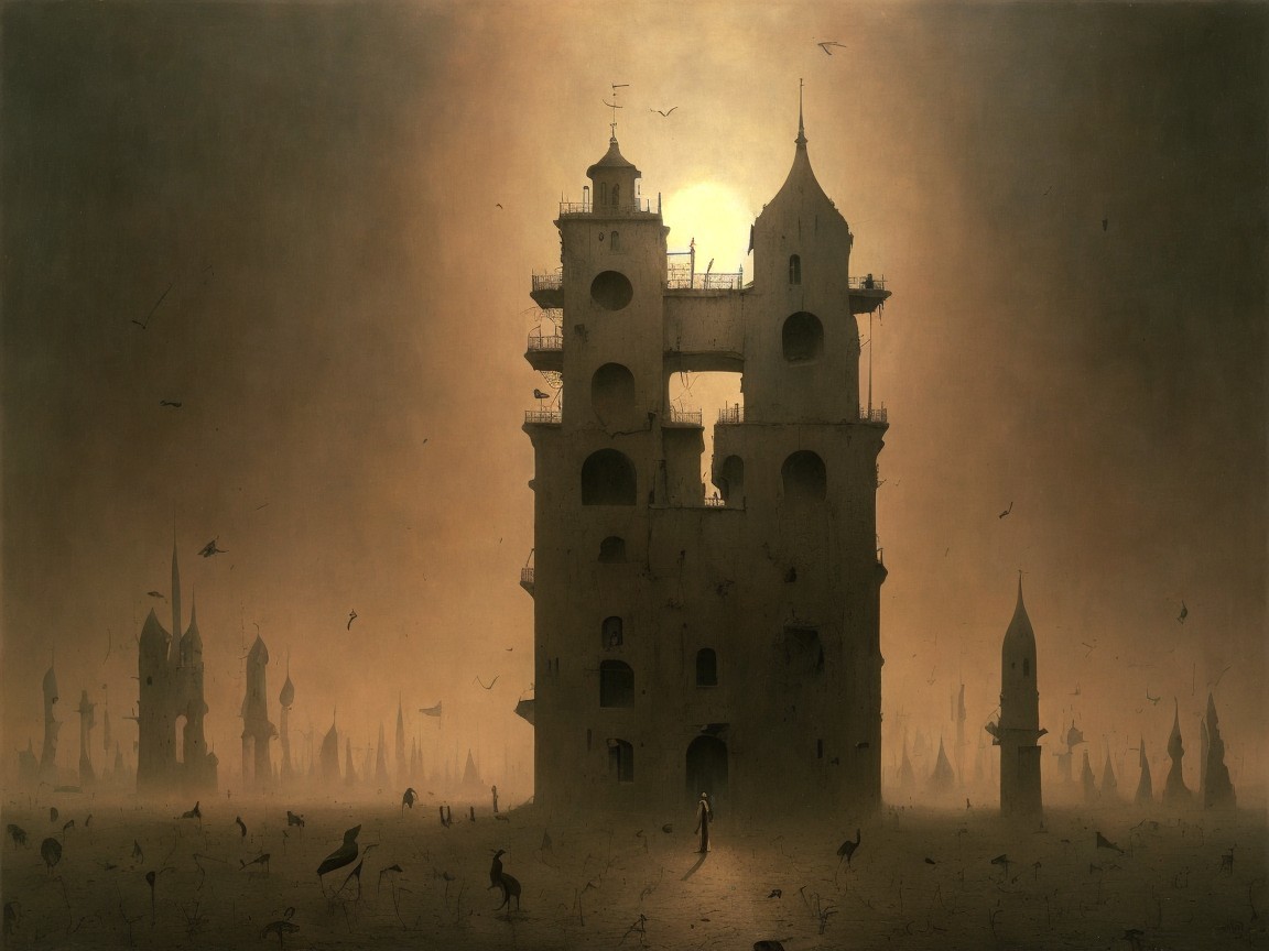 Surreal Landscape with Towering Structure and Shadows