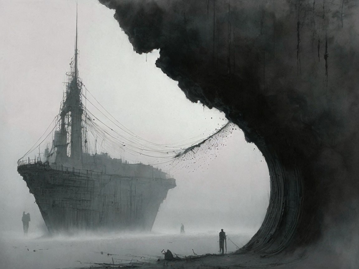 Dark Shipwreck Scene with Figures and Tsunami Wave