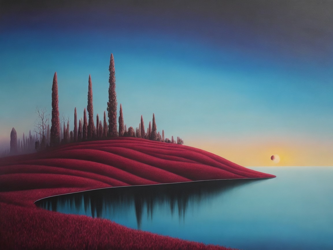 Vivid Landscape of Red Grass and Cypress Trees