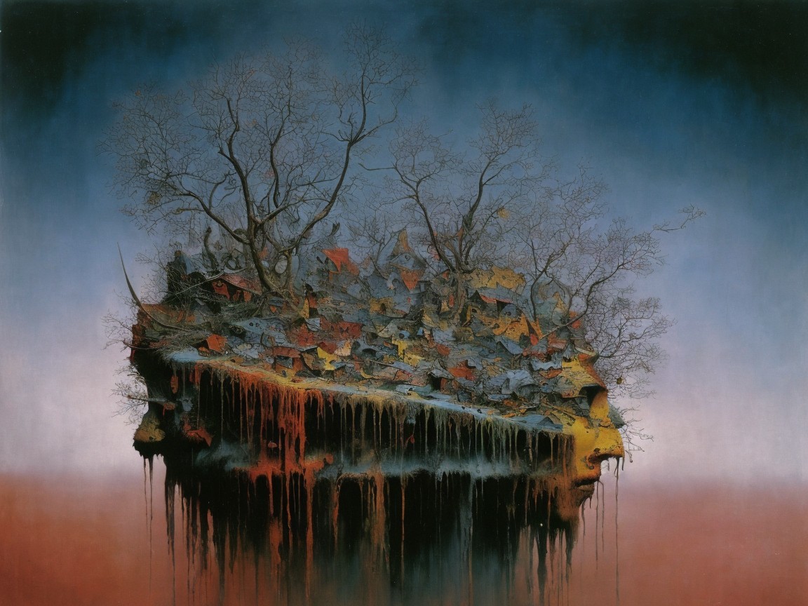 Surreal Floating Island with Dilapidated Houses