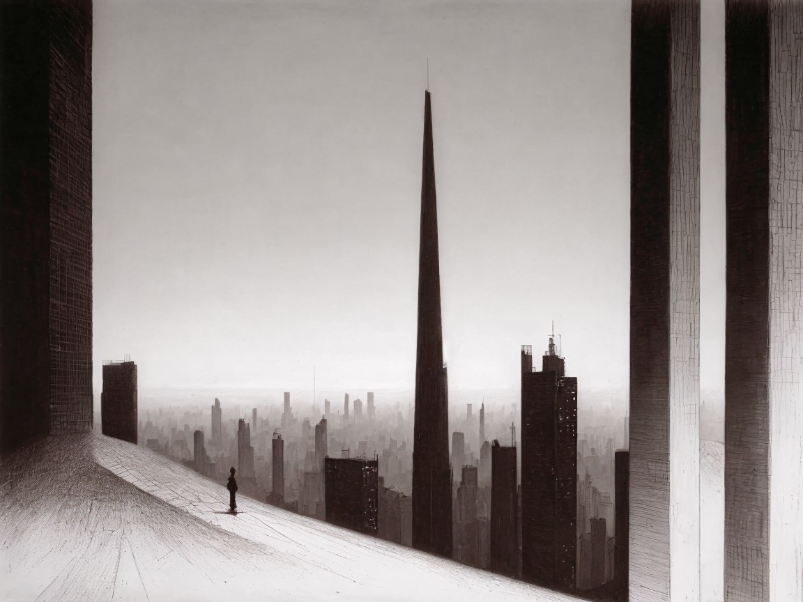 Lone Figure Overlooking Foggy Cityscape with Skyscrapers