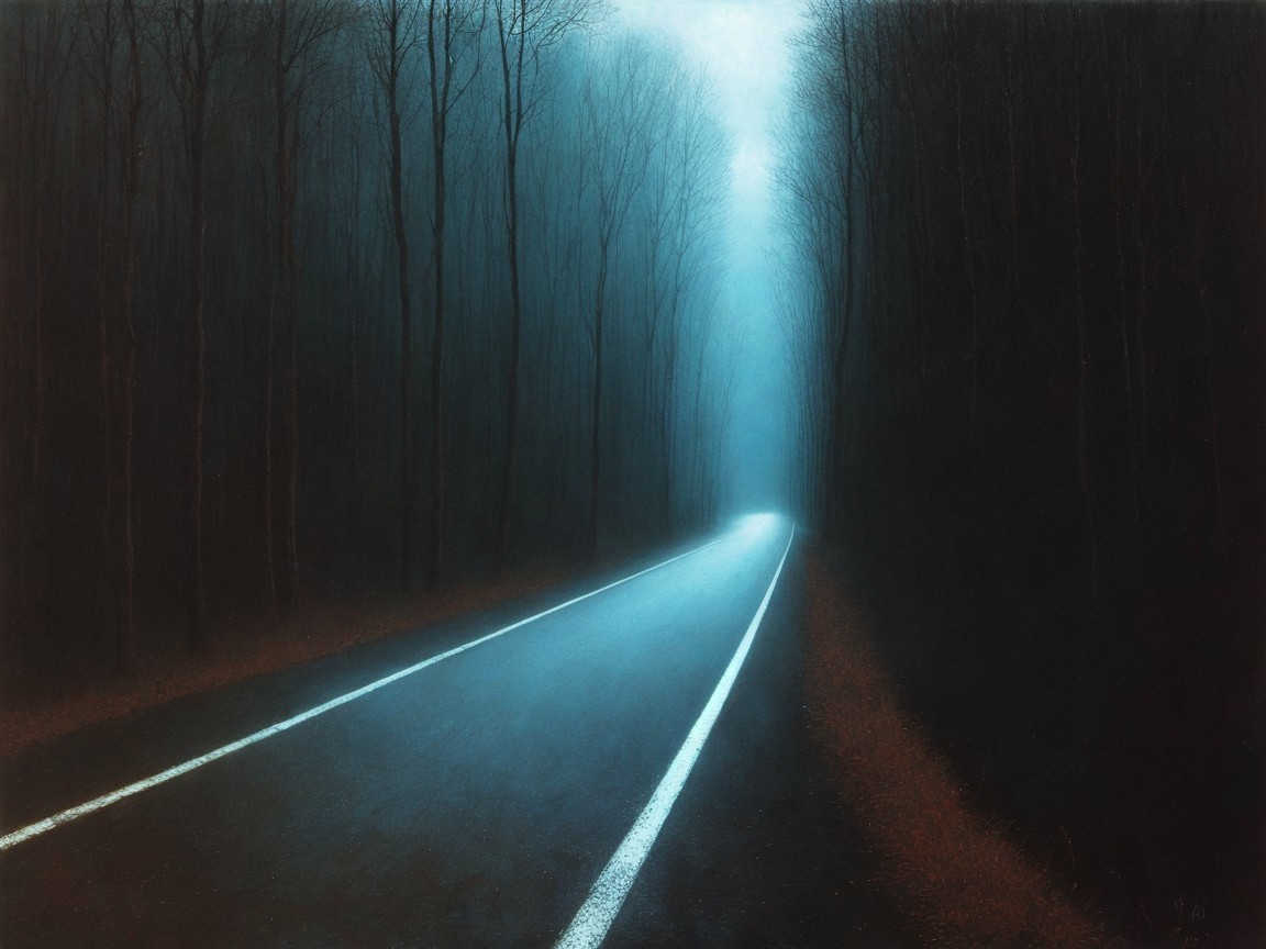Misty Forest Road with Eerie Blue Light Glow