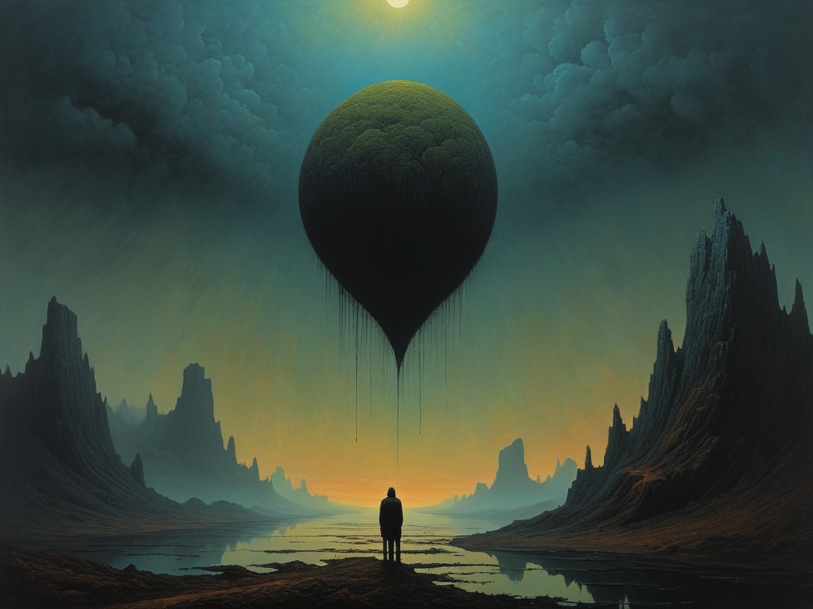 Solitary Figure by Calm Water Under Ethereal Sphere