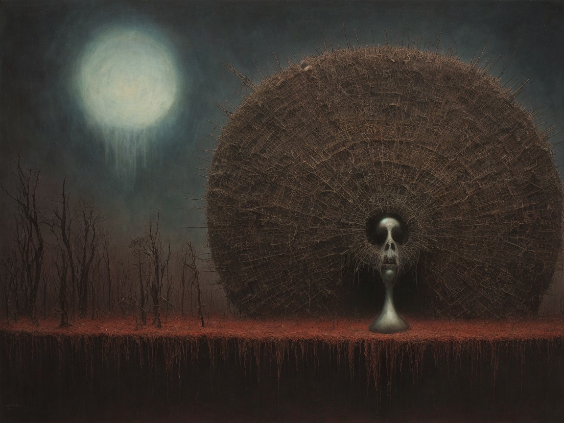 Eerie Landscape with Nest-Like Structure and Moonlight