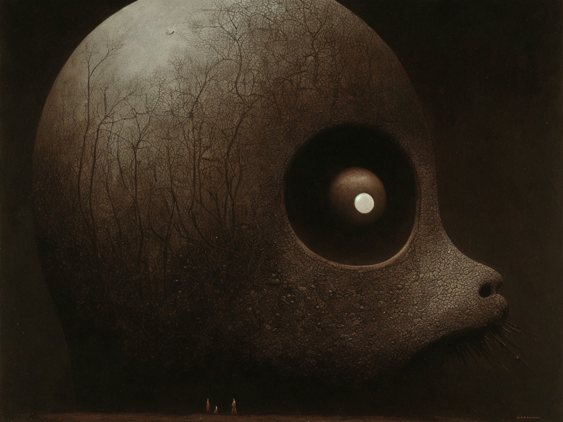 Colossal Head with Tree Patterns and Surreal Landscape