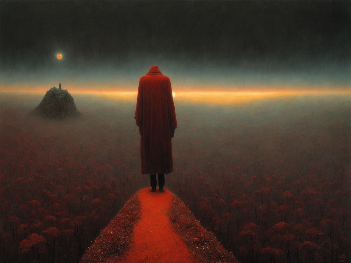 Ethereal Painting of Cloaked Figure in Fantasy Landscape