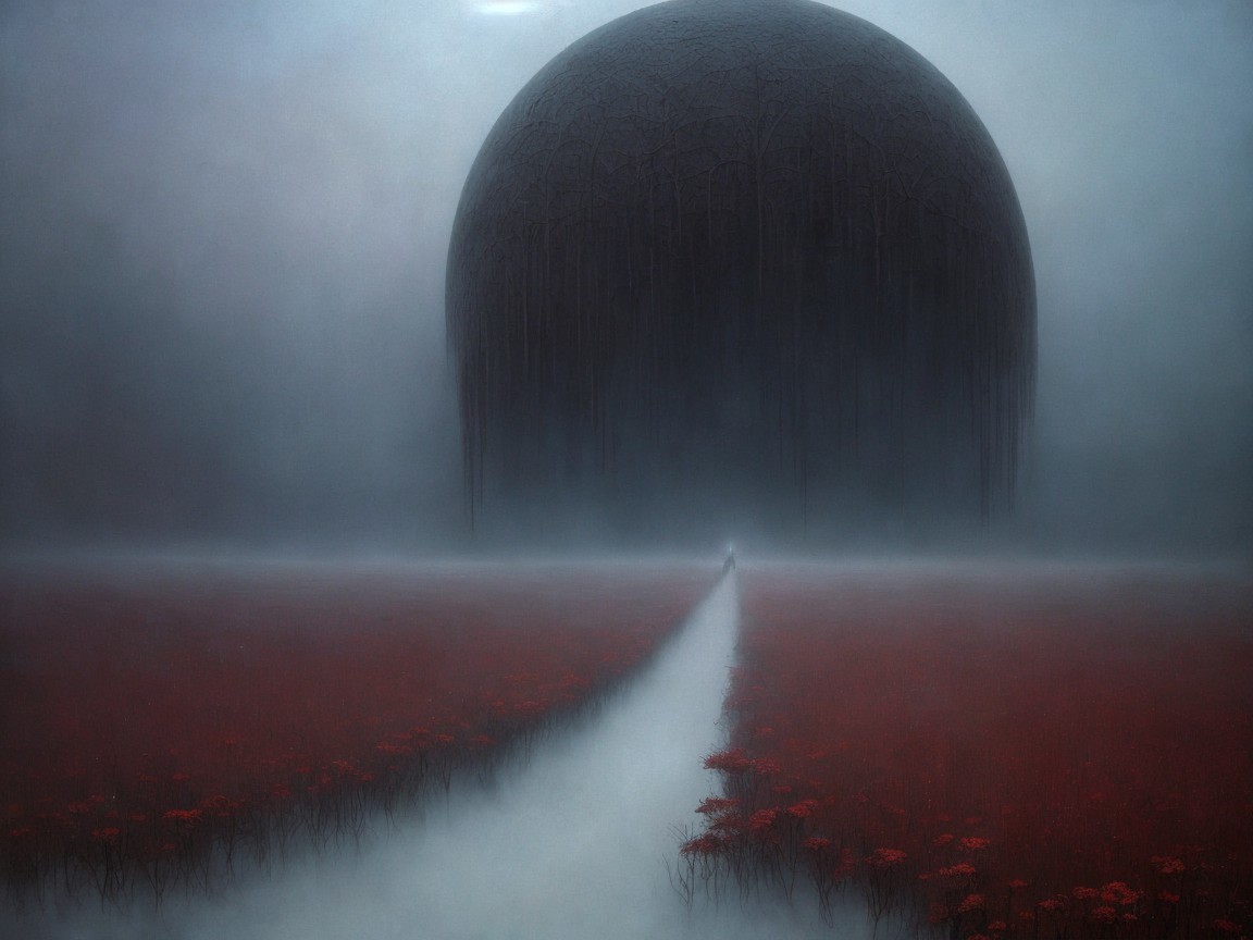 Misty Landscape with Winding Path and Shadowy Orb