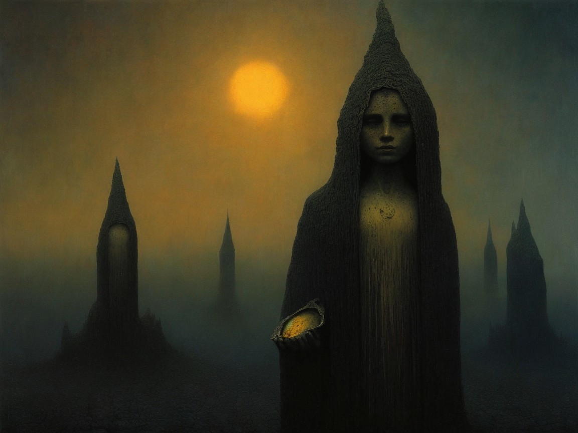 Misty Landscape with Dark Spires and Cloaked Figure