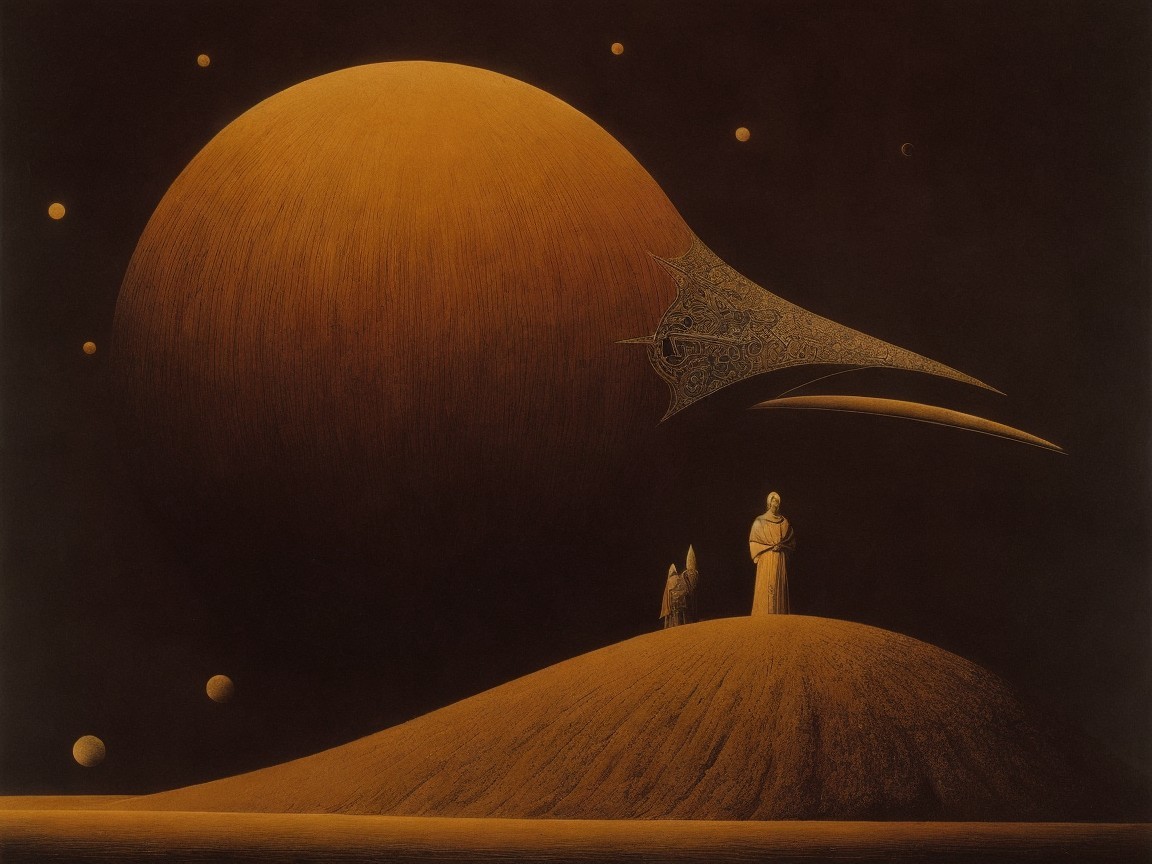 Ethereal Landscape with Figures and Cosmic Elements