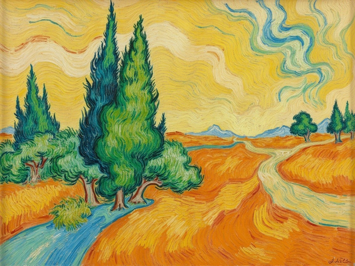 Vibrant Landscape with Swirling Yellow and Blue Skies