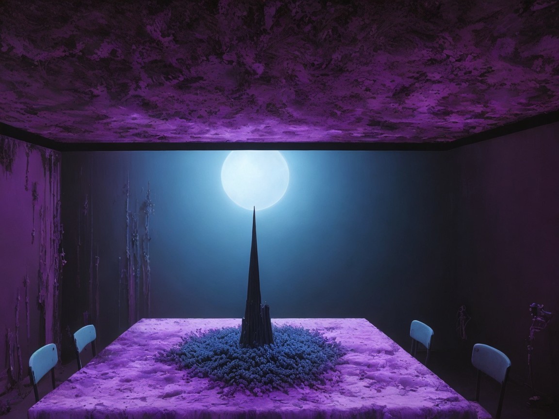 Surreal Interior with Purple Table and Moonlit Atmosphere