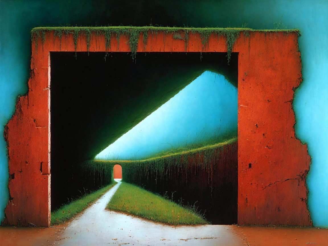 Surreal landscape with red-framed path and blue light