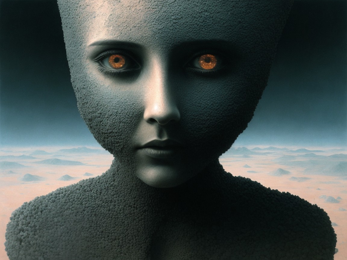 Surreal Humanoid Figure with Textured Skin and Eyes