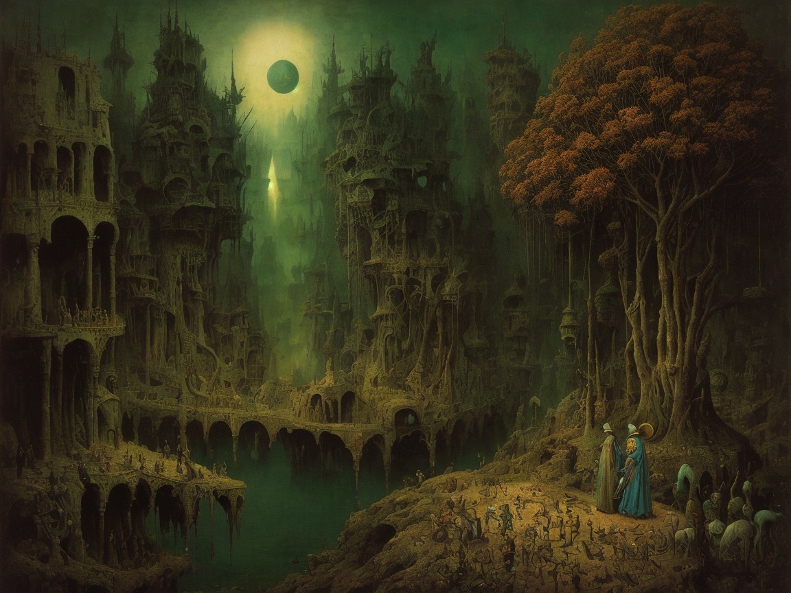 Surreal landscape with twisted structures and ancient tree