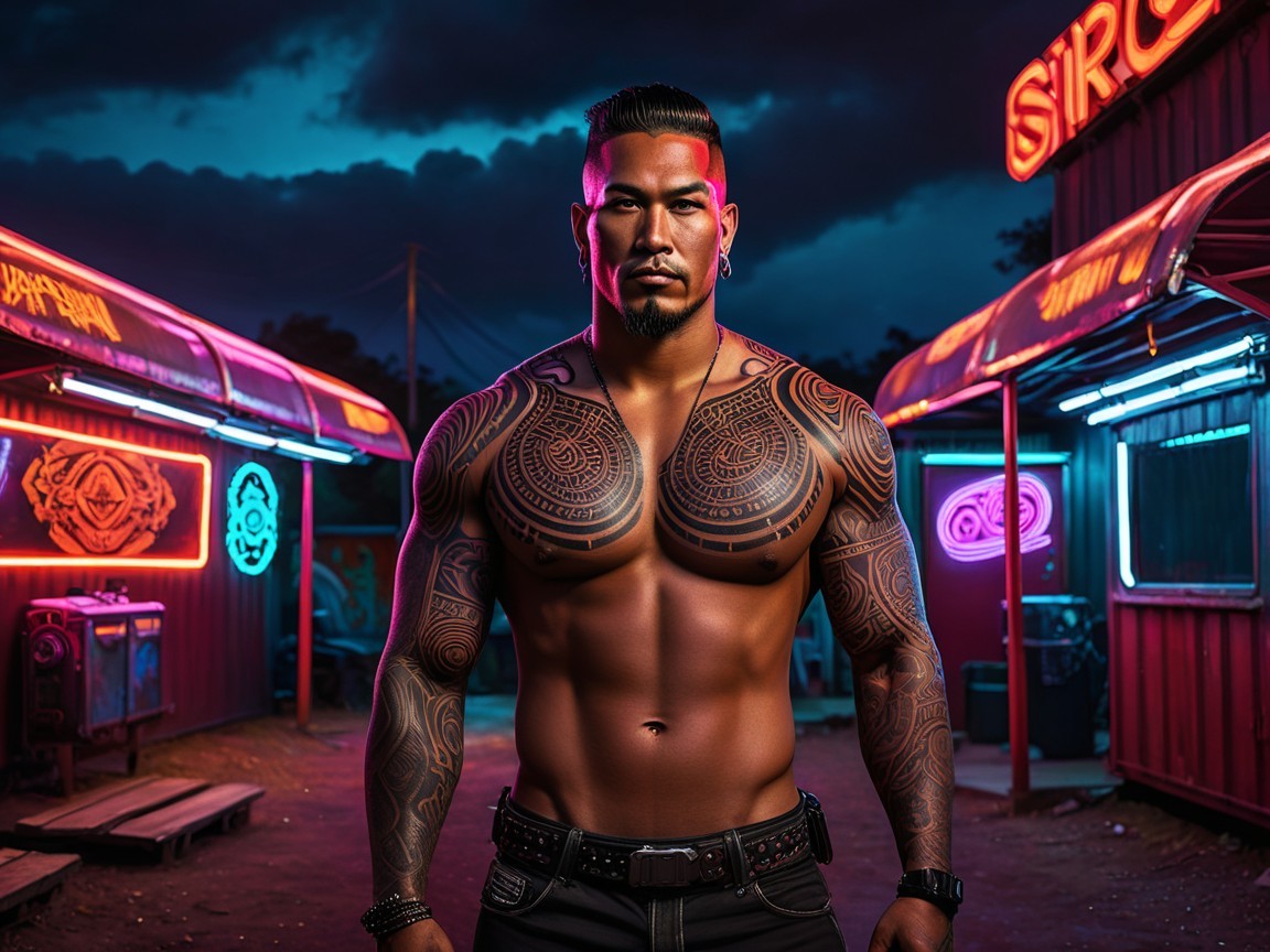 Muscular Man with Tattoos in Neon Outdoor Setting