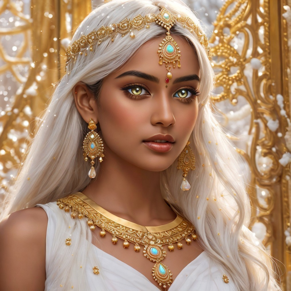 Portrait of a young woman with white hair and gold eyes
