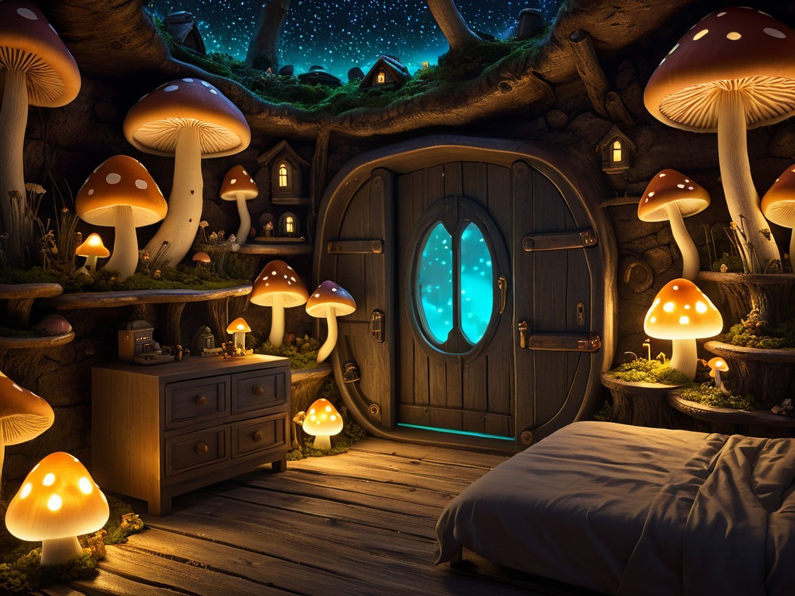 Whimsical Room Decor with Glowing Mushrooms and Stars