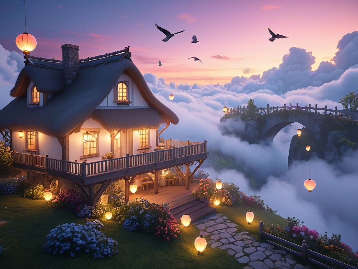 Charming Cottage on Clouds with Lanterns and Flowers