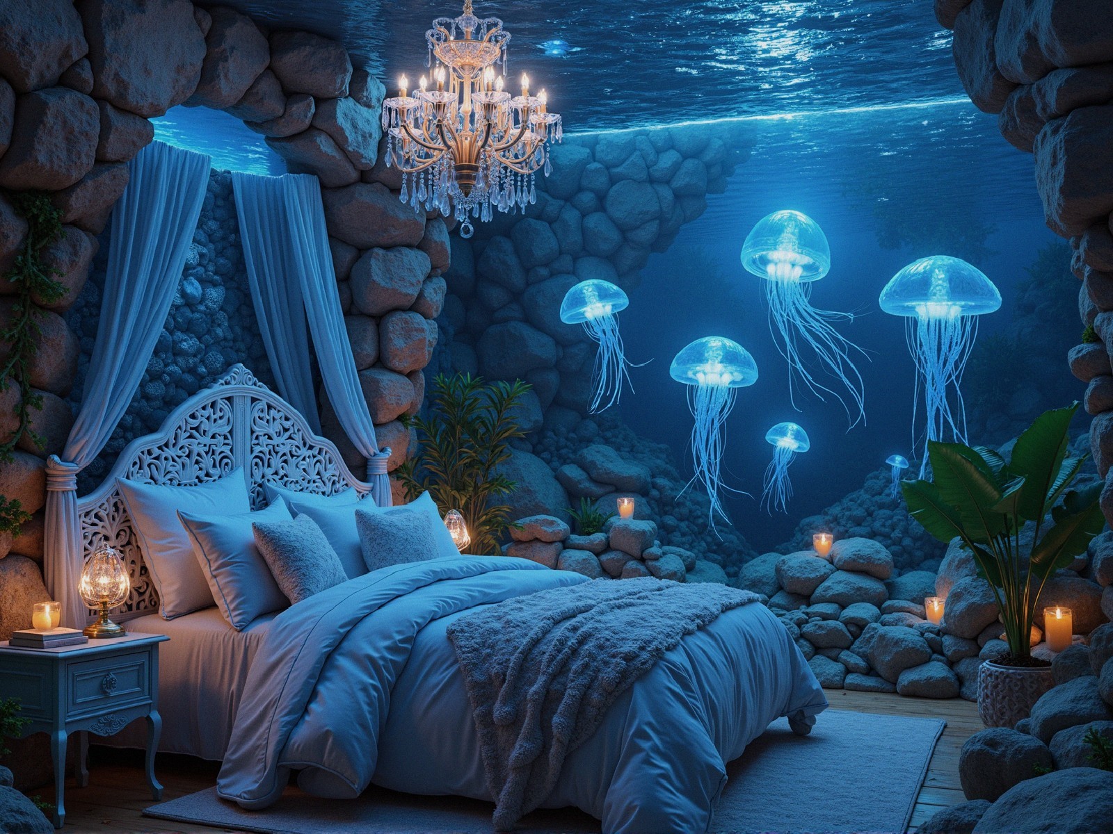 Underwater Bedroom with Candlelight and Jellyfish
