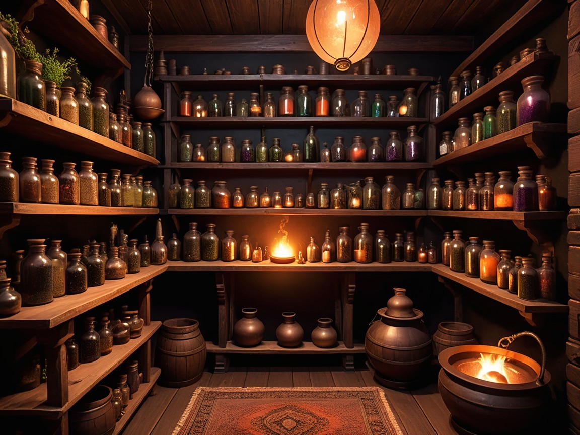 Cozy Apothecary Shop with Colorful Jars and Cauldron