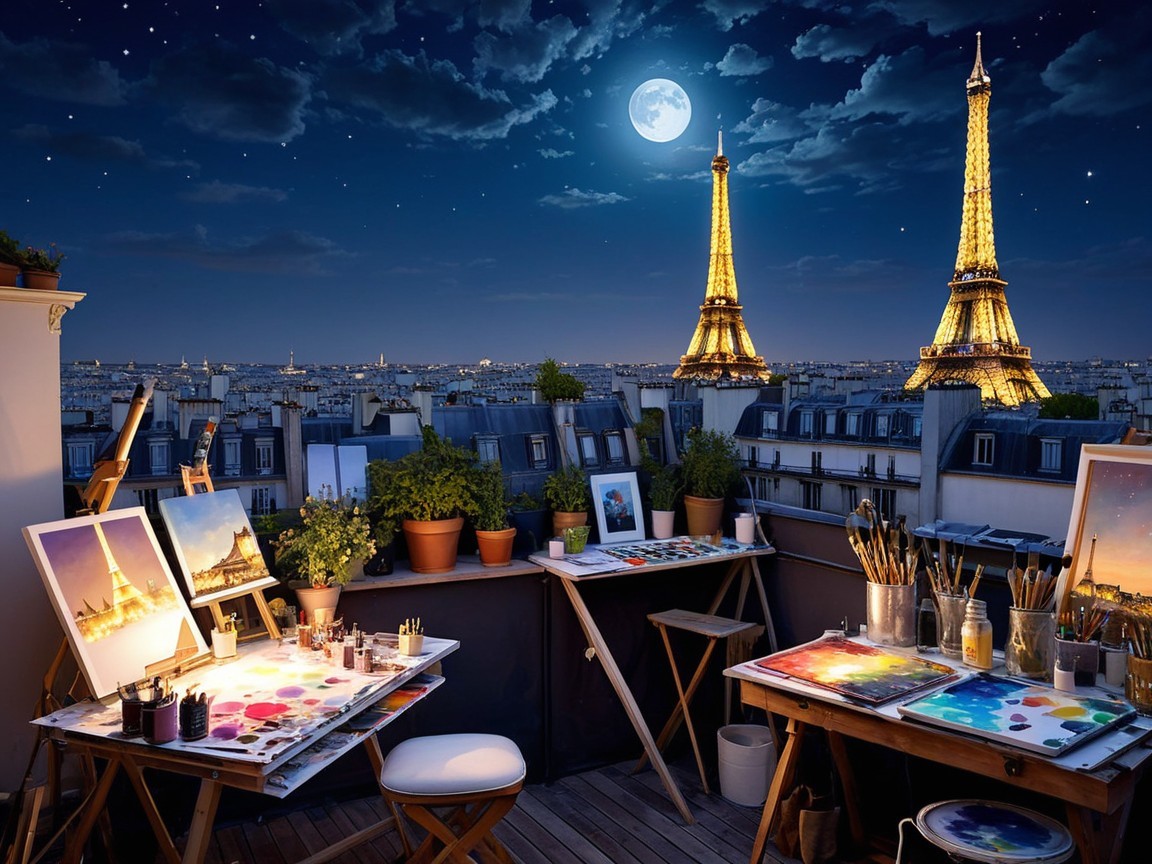 Rooftop Art Studio in Paris Under Moonlight