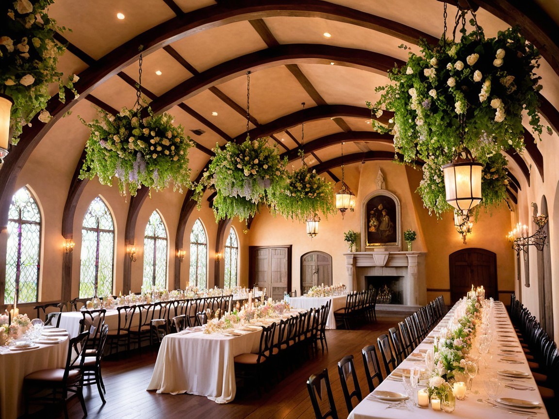 Decorated Banquet Hall with Elegant Floral Arrangements