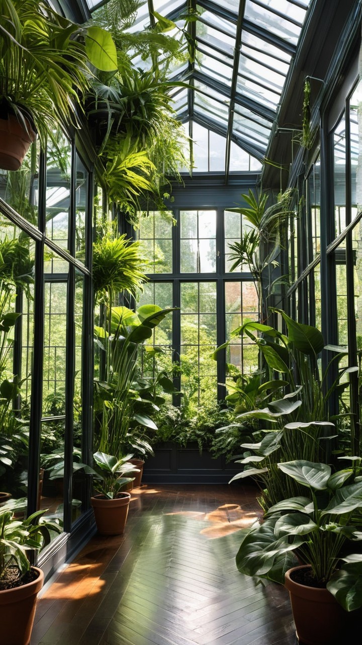 Serene Greenhouse with Tropical Plants and Natural Light