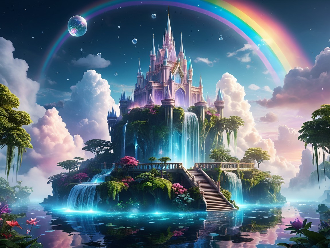 Majestic castle on lush island with waterfalls and rainbow