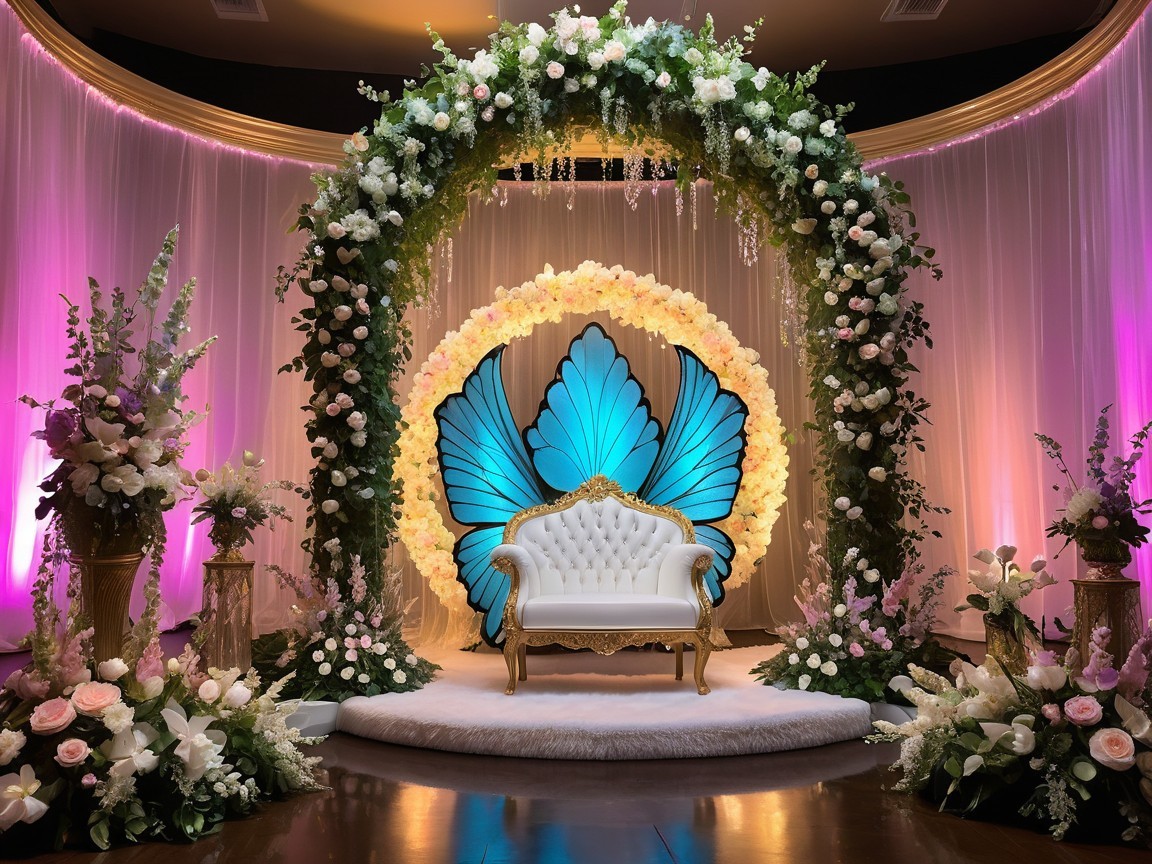 Elegant Event Setup with Floral Arch and Sofa