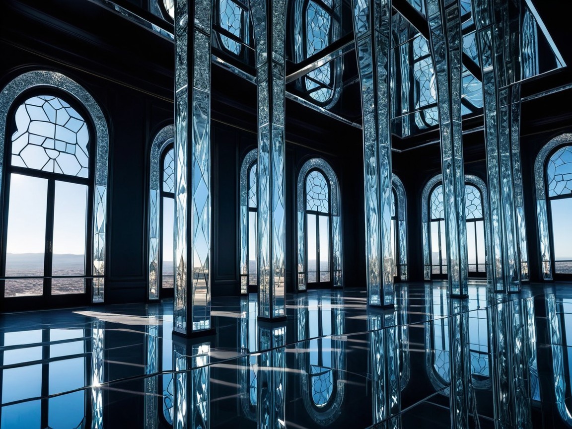 Modern Interior with Mirrored Columns and Arched Windows