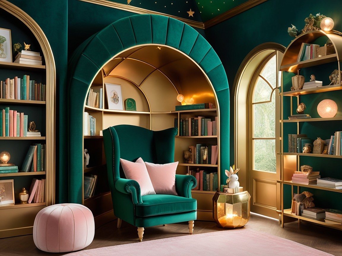 Stylish Reading Nook with Emerald Armchair and Gold Shelves
