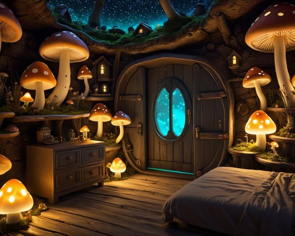 Whimsical Room Decor with Glowing Mushrooms and Stars