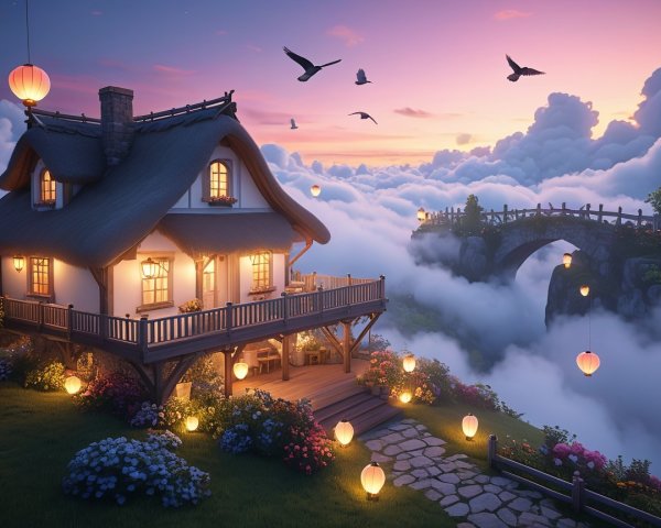 Charming Cottage on Clouds with Lanterns and Flowers