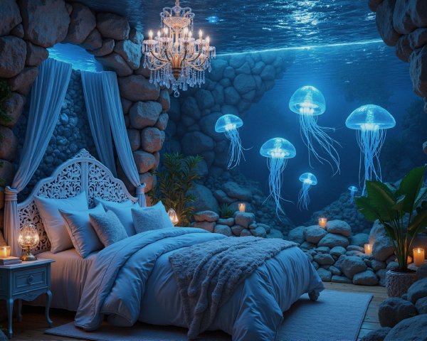 Underwater Bedroom with Candlelight and Jellyfish