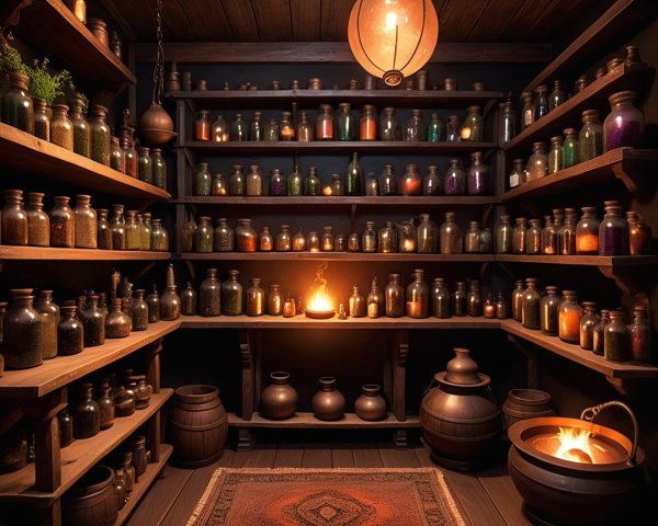 Cozy Apothecary Shop with Colorful Jars and Cauldron