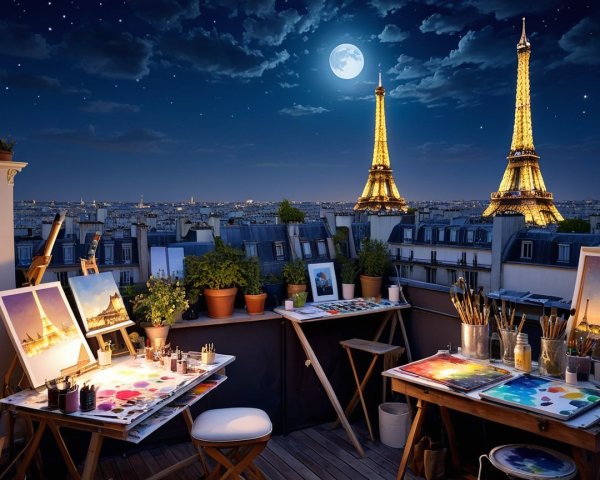 Rooftop Art Studio in Paris Under Moonlight