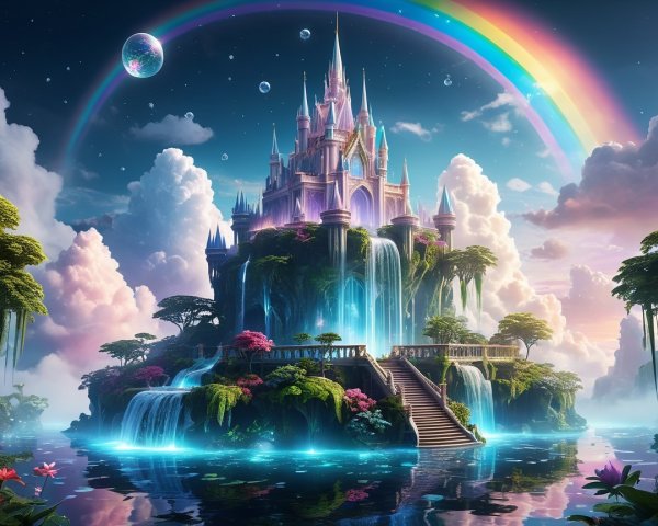 Majestic castle on lush island with waterfalls and rainbow